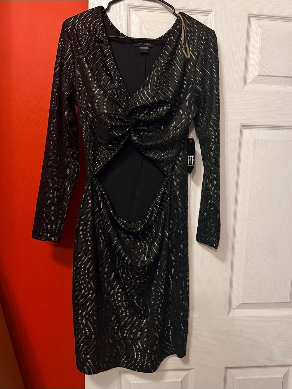 Fashion to Figure Black Dress with Gold Metallic Wave Detail